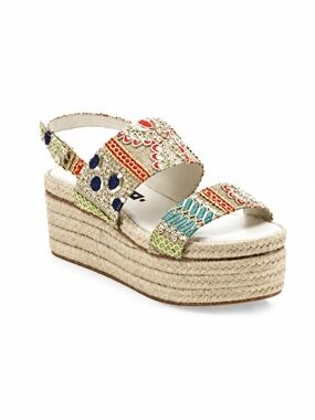 ALICE + OLIVIA Anastasia Sequin Embroidered Jute Platform Sandal - Size 38 / 7.5